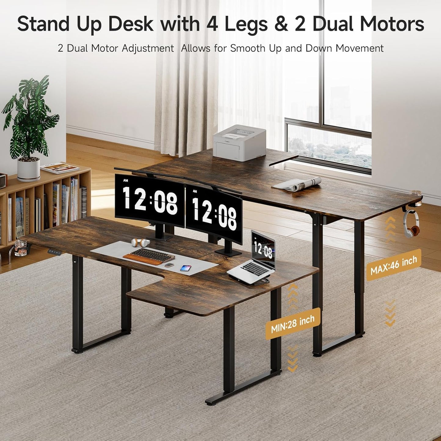 L Shaped Standing Desk, 71x43 Inches Electric L Stand Up Desk with 4 Legs, Dual Motor and Memory Controller, Adjustable Height from 28-46 Inches for Home and Computer Workstation, Rustic Brown
