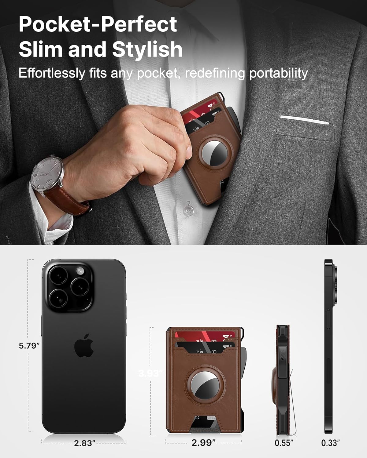 typecase AirTag Wallet for Men: Pop Up Card Case, Secure Holder for Apple Air Tag, Premium Leather, Smart, RFID Blocking, Slim, Minimalist, Thin, 13 Cards Capacitiy | ID Window | Money Clip (Brown)