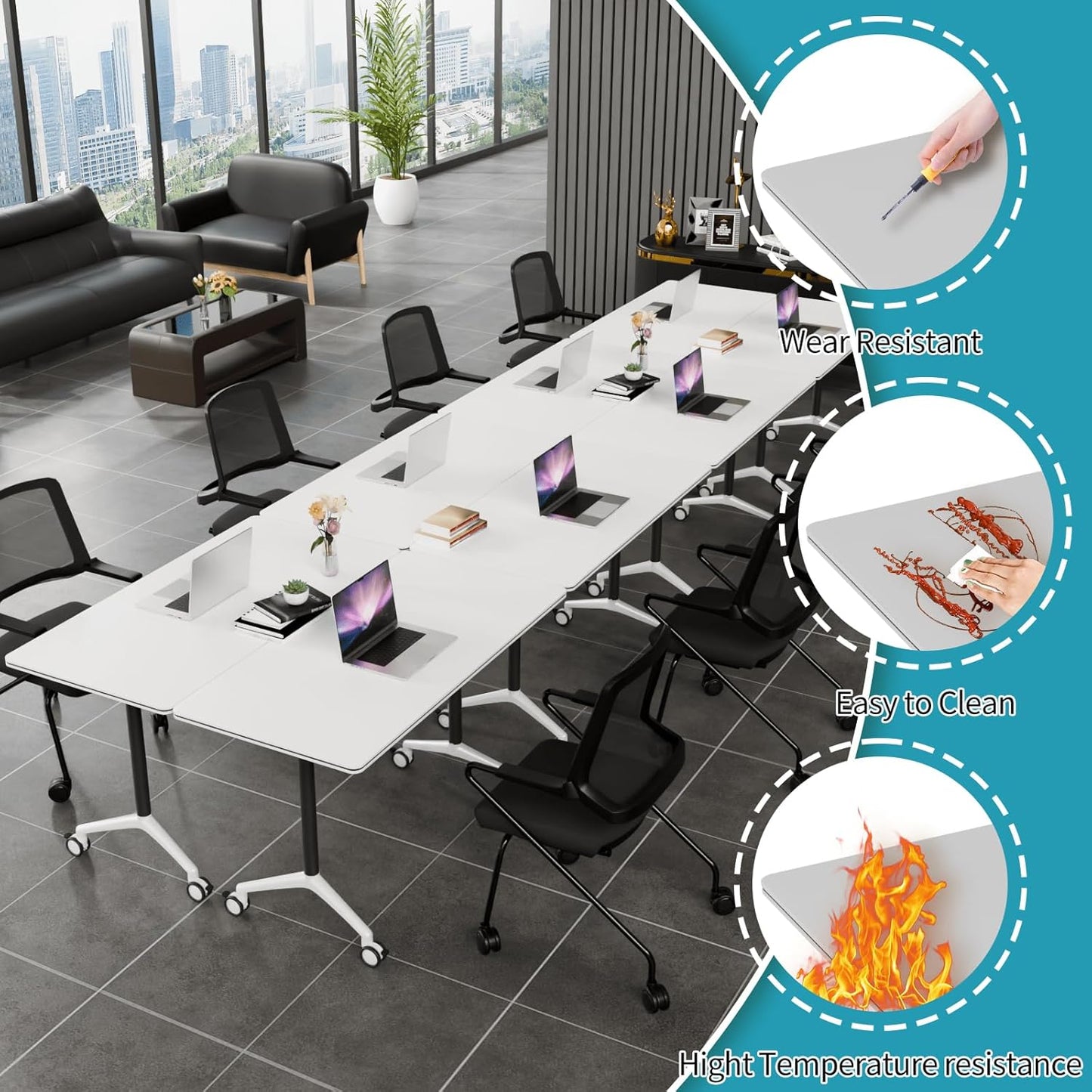 Folding Conference Table, Modern Conference Room Tables with Flip-Top Design, Foldable Conference Table Meeting Table with Wheels, Mobile Seminar Training Tables for Office Classroom (4, White 2)