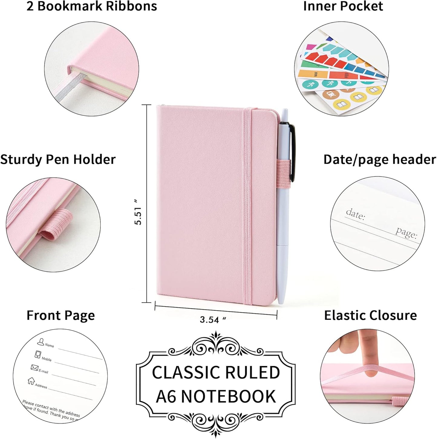 feela 3 Pack Pocket Small Notebook Journals, Mini Cute Memo Notepad Hardcover College Ruled Lined Journals with Pen Holder for Women Girls Office School, with 3 Black Pens, 3.5”x 5.5”, A6, Rose Pink
