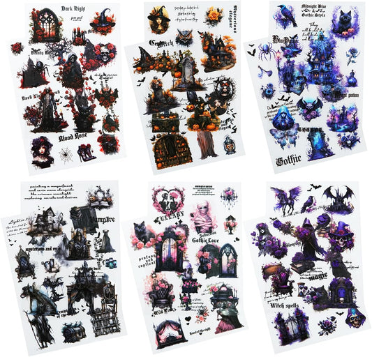 Gothic PET Scrapbook Stickers Set, 12PCS Pre-Cut Ephemera for Scrapbooking, Junk Journaling, Crafting, DIY Projects, Diaries, and Art Supplies