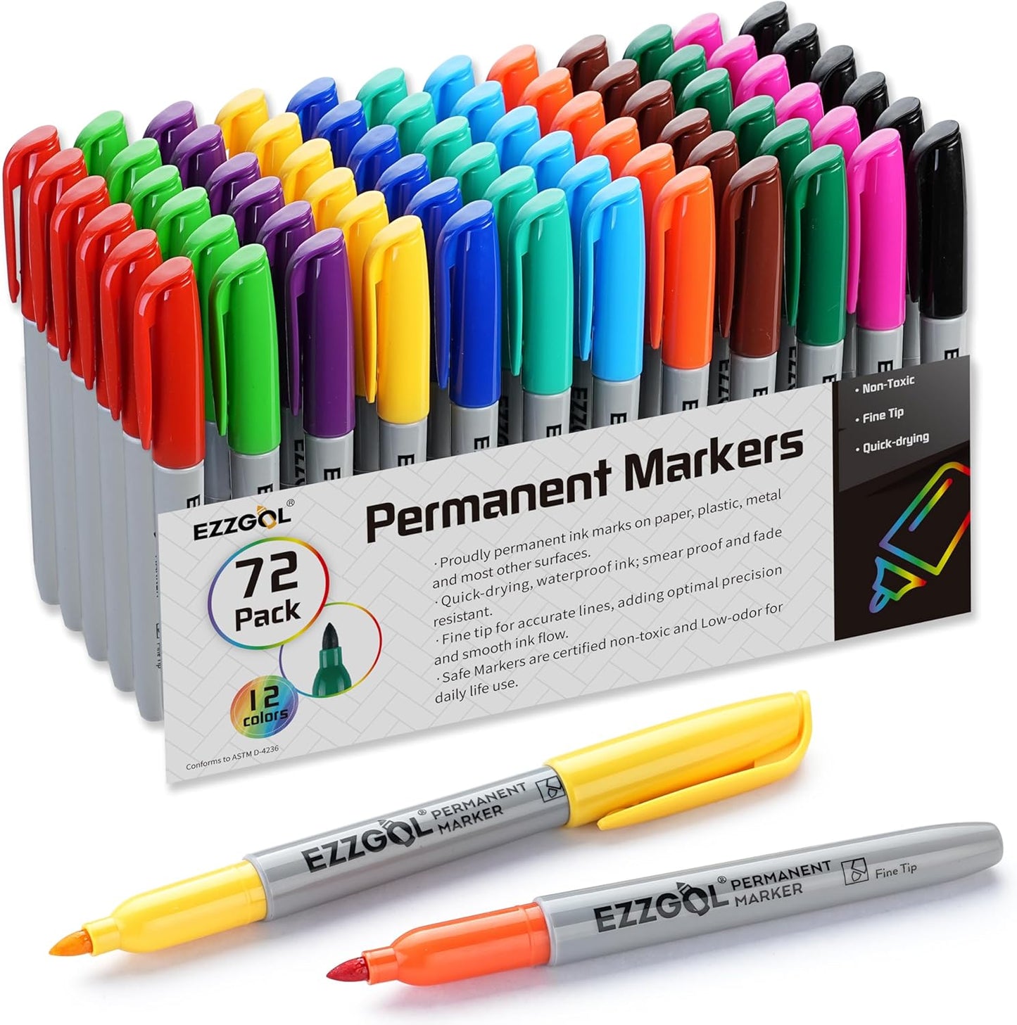 Permanent Markers Bulk, Permanent Marker Bulk Pack of 72, 12 Assorted Colors, Fine Point Permanent Markers For Kids and Adult Coloring as Office, School Supplies