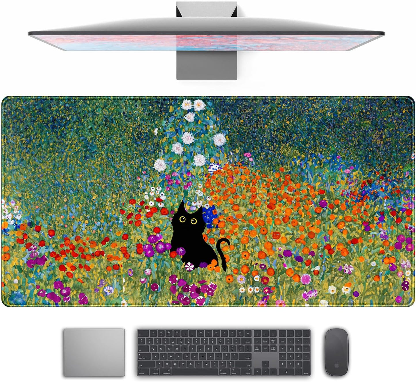 Desk Pad Cute Black Cat Oil Painting Art Floret Desk Mat Office Desk Decor Large Mouse Pad Gaming, XL Mousepad Women Office Desk Decor Laptop Keyboard Mouse Pads with Stitched Edges Mat 31.5x15.7 in