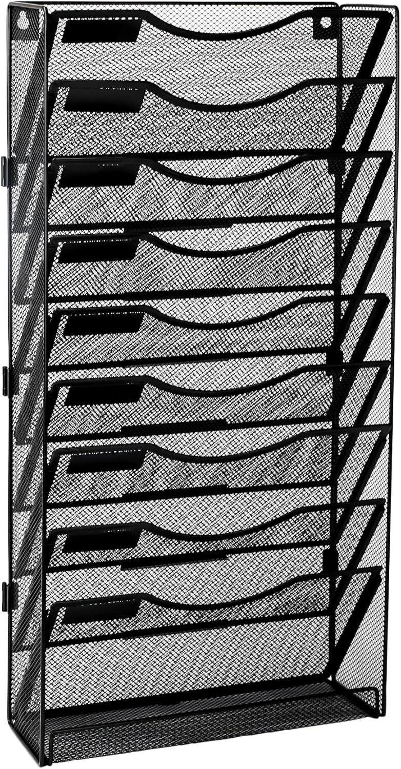 EasyPAG 10 Tier Wall File Holder with Flat Tray, Black | Easy Assemble Mesh Desk File Organizer | 9-Folder Paper Storage | Replaceable Classify Labels | Space Saving Mail Organizer for Office Home