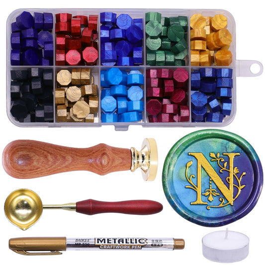 SWANGSA Initial Alphabet N Wax Seal Stamp Kit, Classic Retro Letter Sealing Stamp with 200pcs Sealing Wax Beads Kit for Wedding Invitations Cards Envelopes (N)