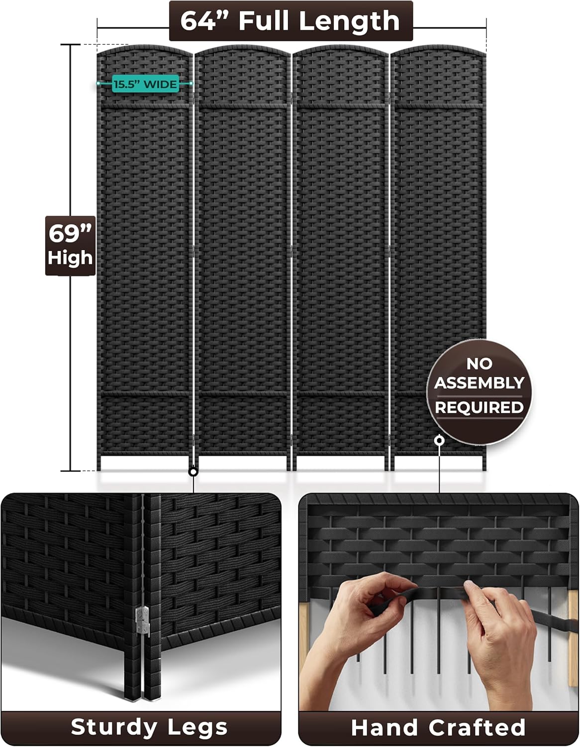 Sorbus 4 Panel Room Divider 6 ft. Tall - Privacy Screen, Extra Wide Double Hinged Panels, Mesh Hand-Woven Design, Partition Room Dividers and Folding Privacy Screens, Wall Divider for Room Separation