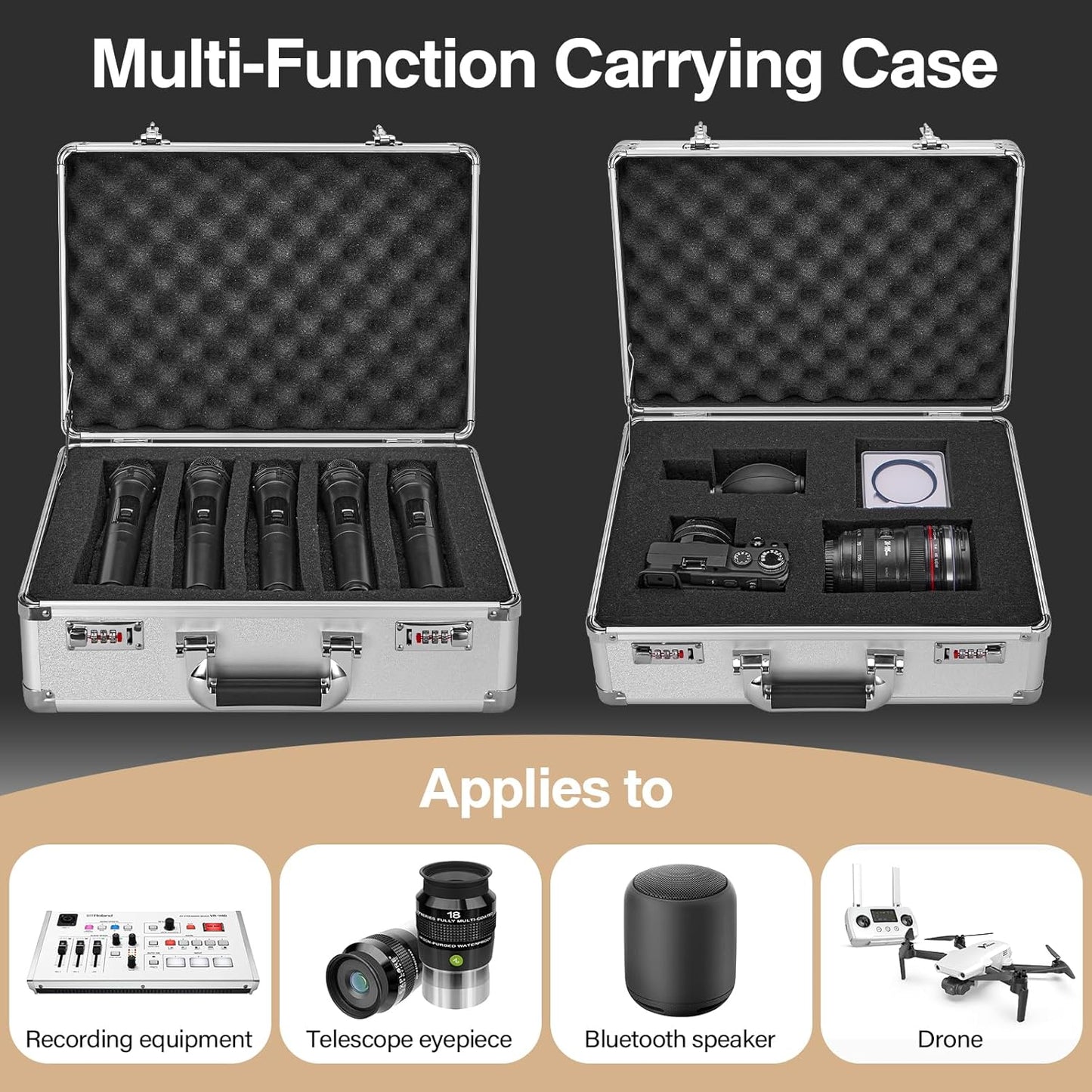 Combination Lock Box - Locking Storage Case with Customizable Foam, 16.9" Portable Lockable Case for Personal Items, Valuables, Documents, Briefcase for Jewelry, Cash, Medications, Silver