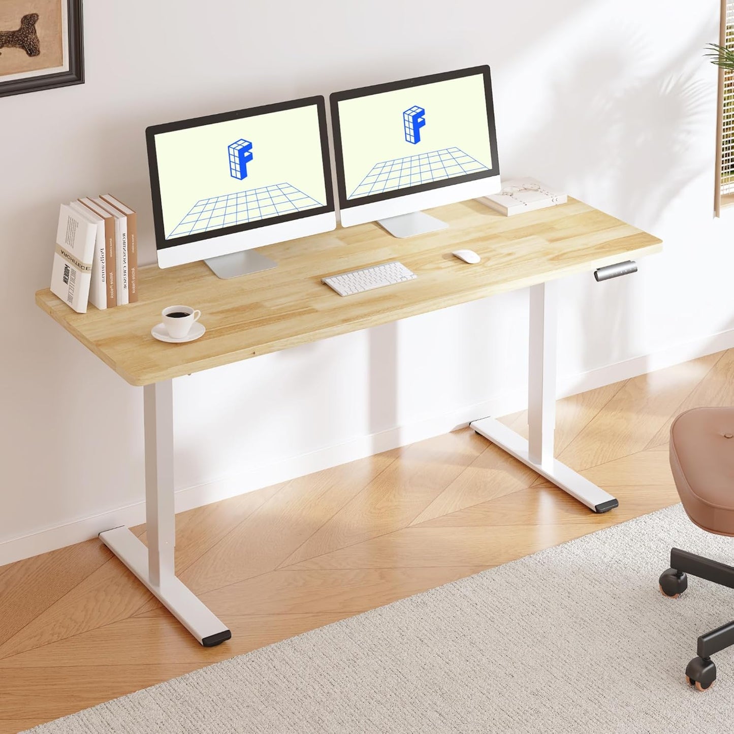 FLEXISPOT E3 Solid Wood Dual Motor Standing Desk 55x24 Inch Whole-Piece Board Electric Height Adjustable Stand Up Desk (White Frame + Rubber Wood Desktop)