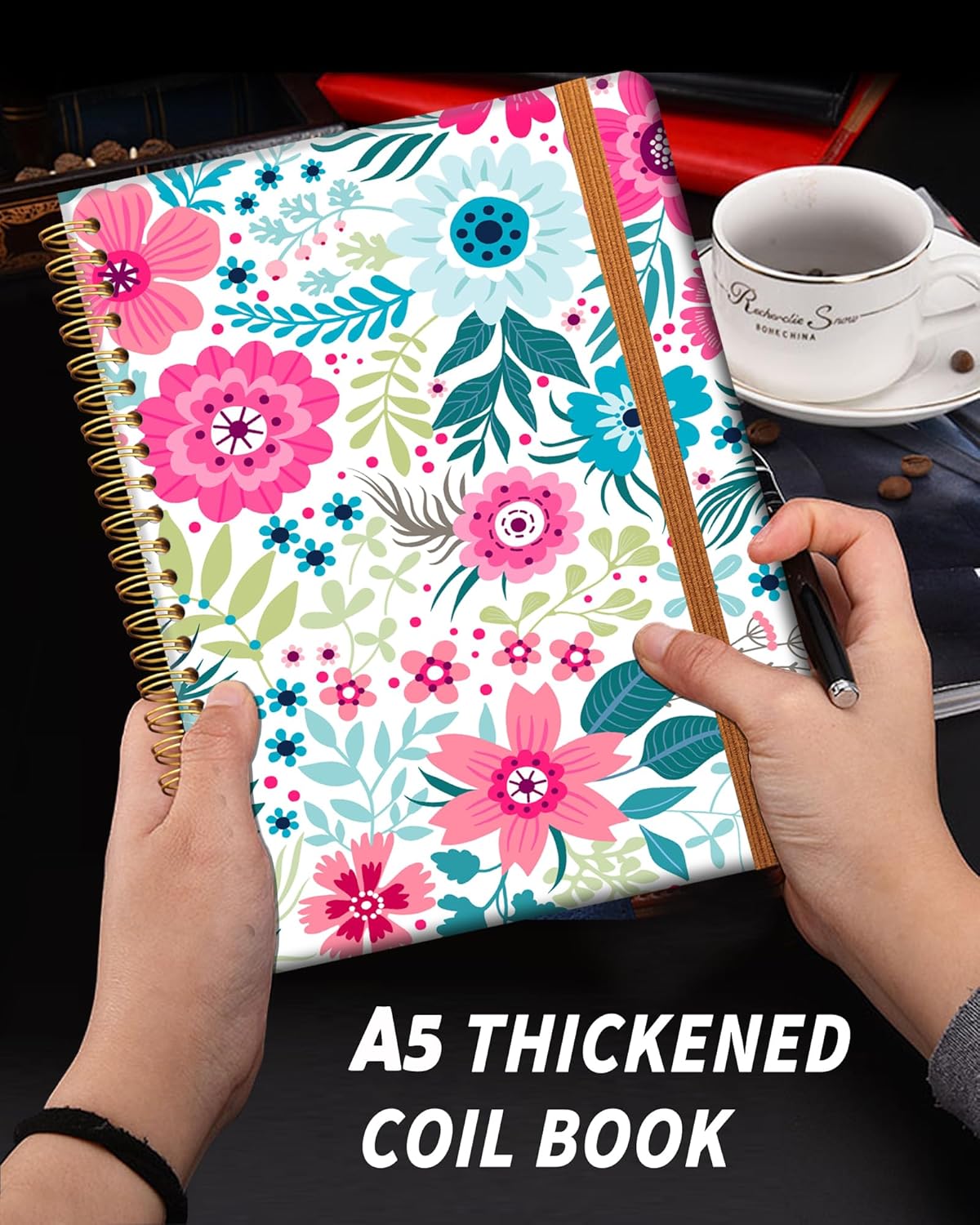 Ruled Spiral Writing Notebook,A5 Hardcover Lined College Journal for Women Lady,Fashion Puppy Watercolor Strong Twin-Wire Binding with Premium Paper,8.4" X 6",Perfect for School,Office,Home Gifts(Colorful Flowers)
