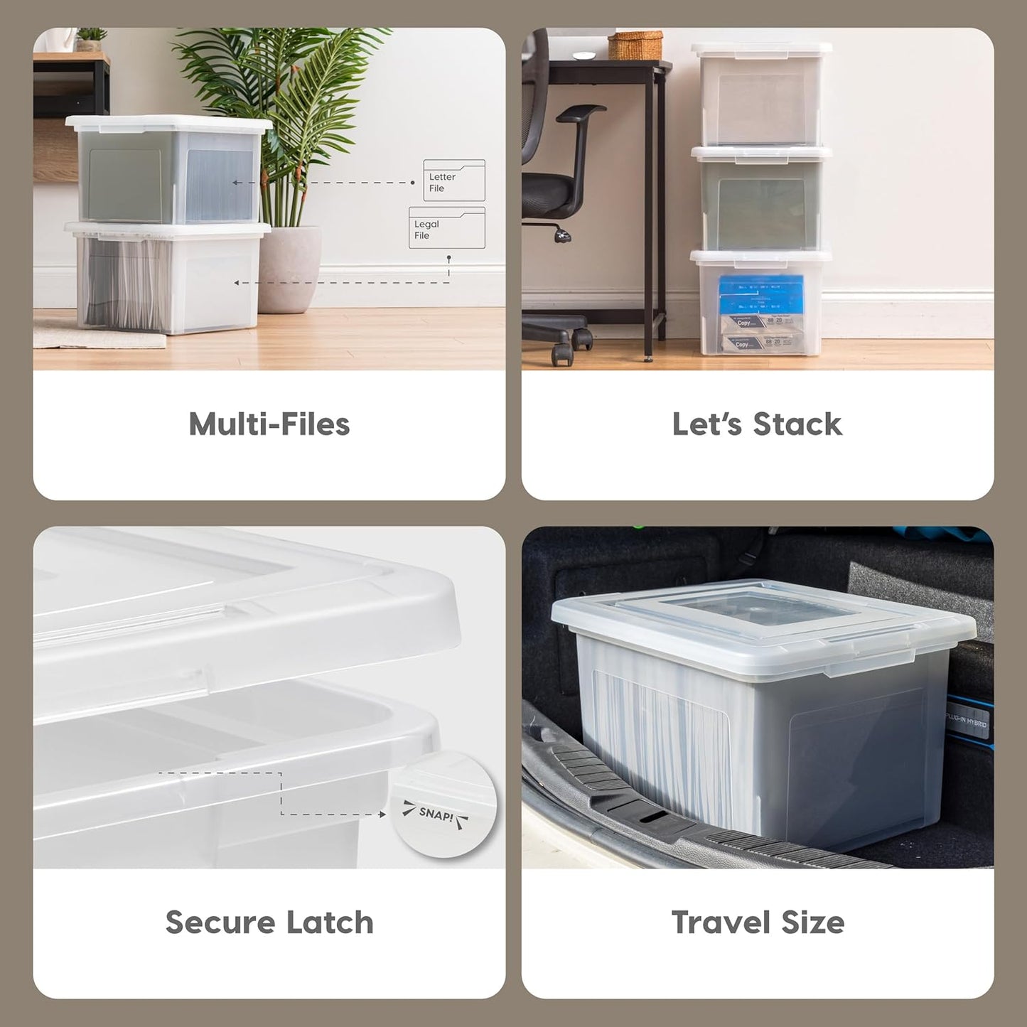 IRIS USA File Box, Plastic File Organizer with Lids for Letter/Legal File, Portable Document Box For Moving, Storage Bin with Durable and Secure Lid, Stackable Nestable BPA-Free, Clear 35 Qt. 4 Pack