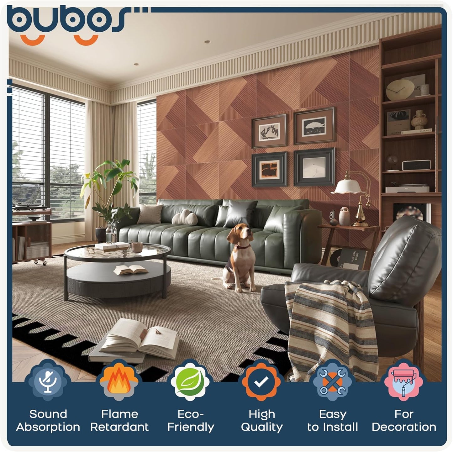 BUBOS Large Acoustic Panels,6 Pack Wood-Pattern Printing Soundproof Wall Panels, Total Size 70.8 x 47.2 Inches Self-Adhesive Decorative Sound Absorbing Panels for Studio, Home,Deep Diamond Weave