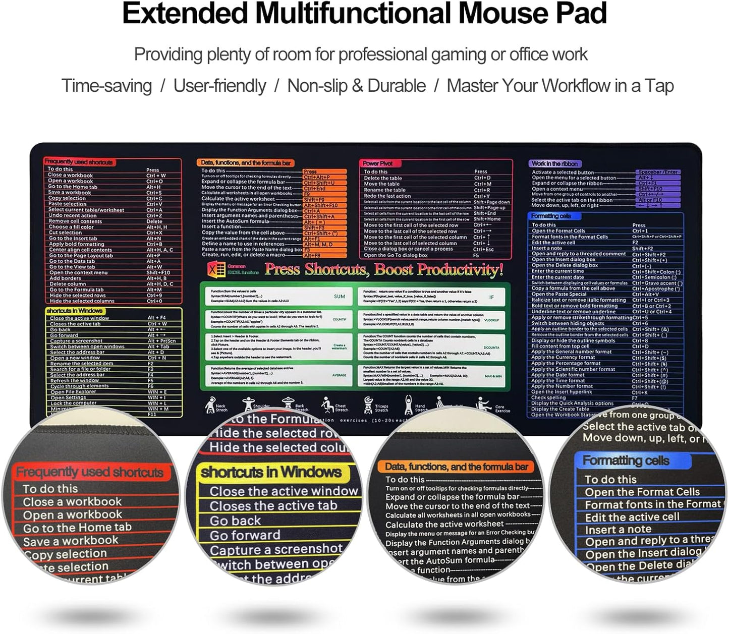 Efficiency Boost Excel Shortcut Keys Mouse Pad - Quick Reference Guide XXL Mouse Pad for Keyboard Shortcuts-90x40 Excelcut