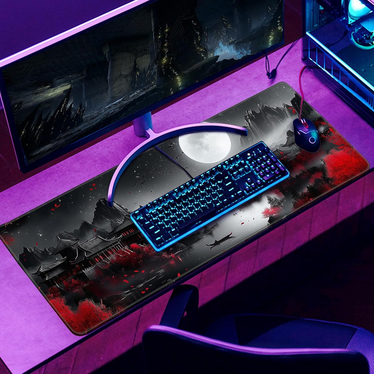 Japanese Desk Mat Riverside Full Moon Large Mouse Pad Gaming Mousepad Extended XL Keyboard Mat Computer Laptop Mouse Desktop Mat 31.5 X 11.8 Desk Decor