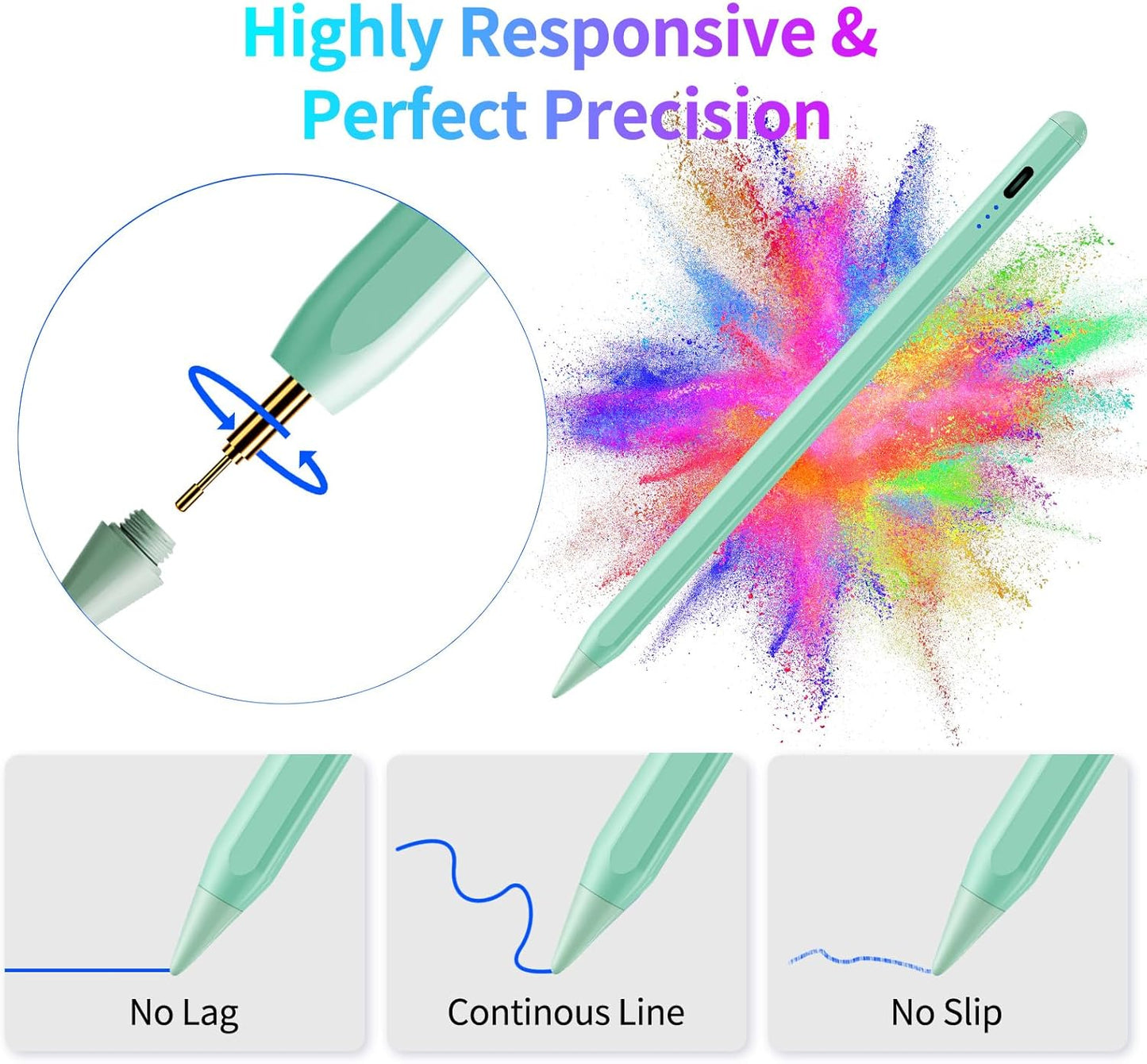 Stylus Pen for iPad, Fast Charging Pencil for Pad with Palm Rejection, Tilt Sensitivity for iPad 6-10, Pro 11"/12.9"/M4, Air 3/4/5/M2, Mini 5/6, Green
