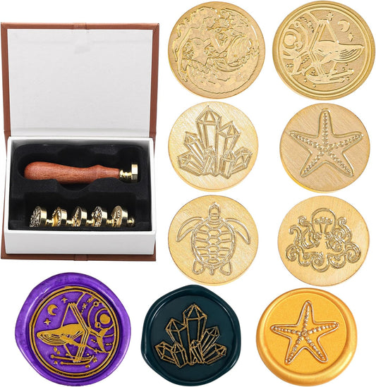 Yoption 6 Pcs Wax Seal Stamp Set, Ocean Crystal Mermaid Sealing Wax Stamps Kit, Wooden Handle with Brass Head for Wedding Christmas Invitation Gift Cards