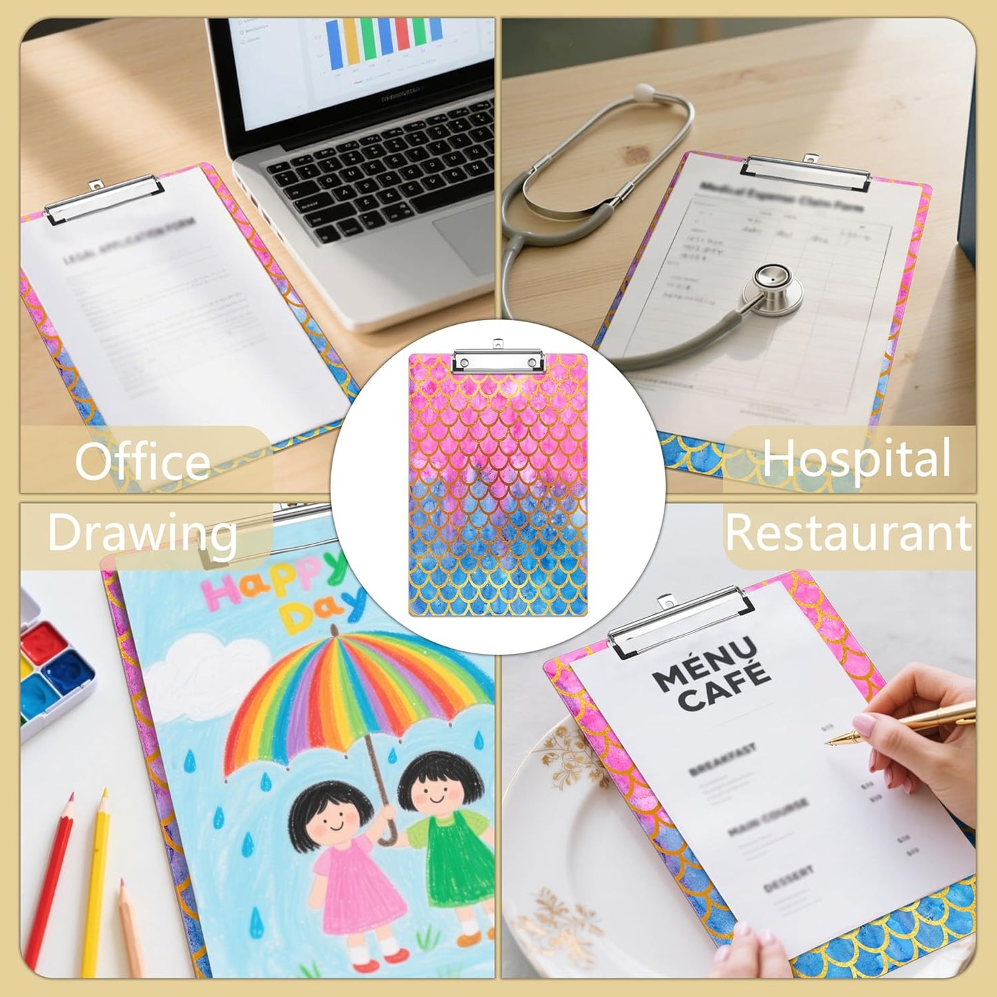 Colorful Mermaid Plastic Clipboards,Decorative Plastic Acrylic Clipboard for Teacher Social Worker Students Office Supplies 8 * 12