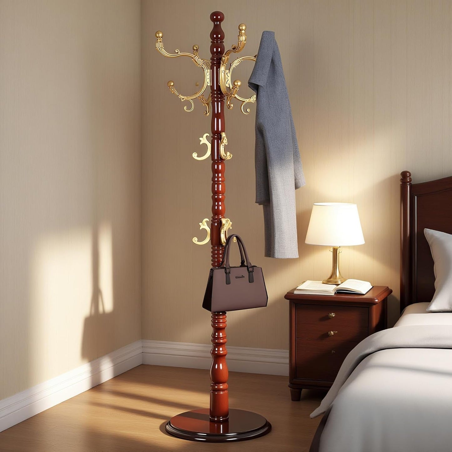 Vintage Wooden Coat Rack Free Standing,14 Hooks, 3-Level Adjustable Height, 73-Inch Retro Coat Rack Stand, Suitable for Entryway, Living Room, Office and Bedroom (Begonia color, 1PCS)