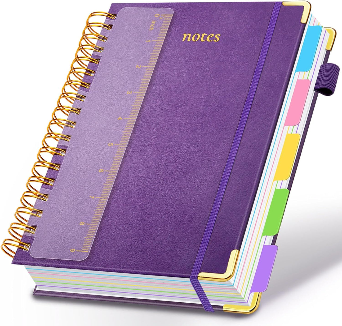 Hardcover Spiral Notebook 8"x10" Journal Notebook with Tabs and Removable Dividers 300 Pages 5 Subject Notebook College Ruled, Faux Leather Spiral Bound Notebook for Women, Students, School Work (Purple)
