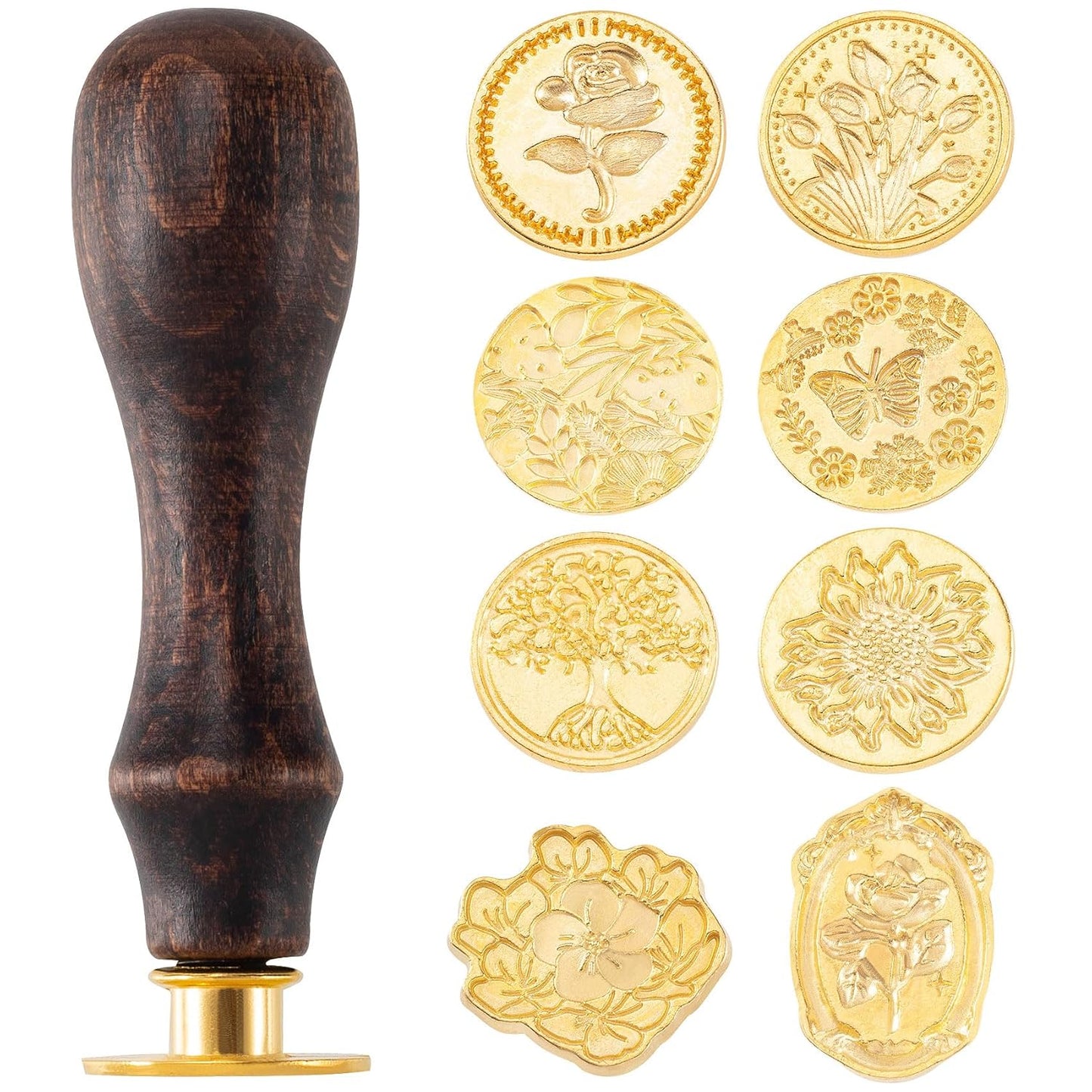 9pcs Wax Seal Stamp Kit, Brass Sealing Wax Stamps Head & Wooden Handle for Wedding Invitations Cards Envelopes(Tree of Life+Tulip+Vintage Rose+Love Rose+Daisy+Butterfly+Sakura+Leaves)