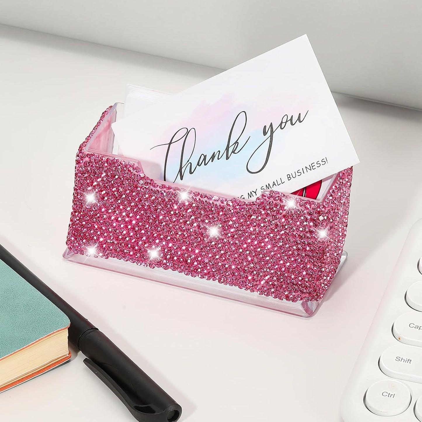 PATIKIL Rhinestone Business Card Holder, Crystal Business Card Holders Bling Business Card Organizer Display Stand for Desktop Desk Office Exhibition, Pink