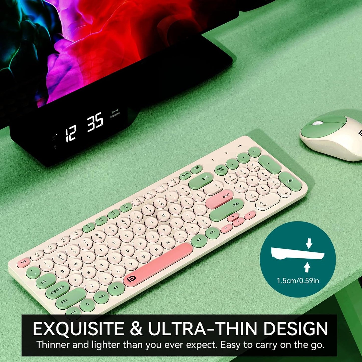 FD Wireless Keyboards and Mouse Combo - 2.4GHz USB Cordless, Cute Wireless Keyboard Round Keys, Quiet and Slim Set for Laptop, Computer, TV and Mac - Milky White Green Colorful