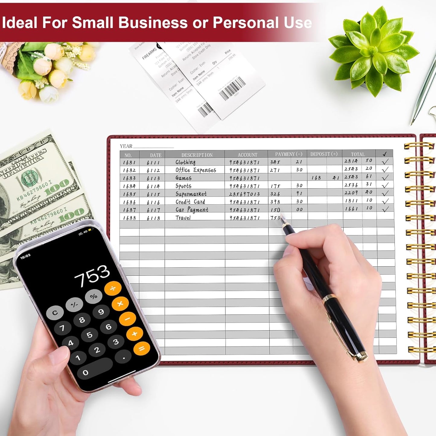 HAUTOCO Hardcover Accounting Ledger Book for Small Business Bookkeeping Horizontal Money Expense Tracker Notebook with 2 Storage Pouch, Personal Columnar Log Journal 10.78 x 8'', Cherry Red