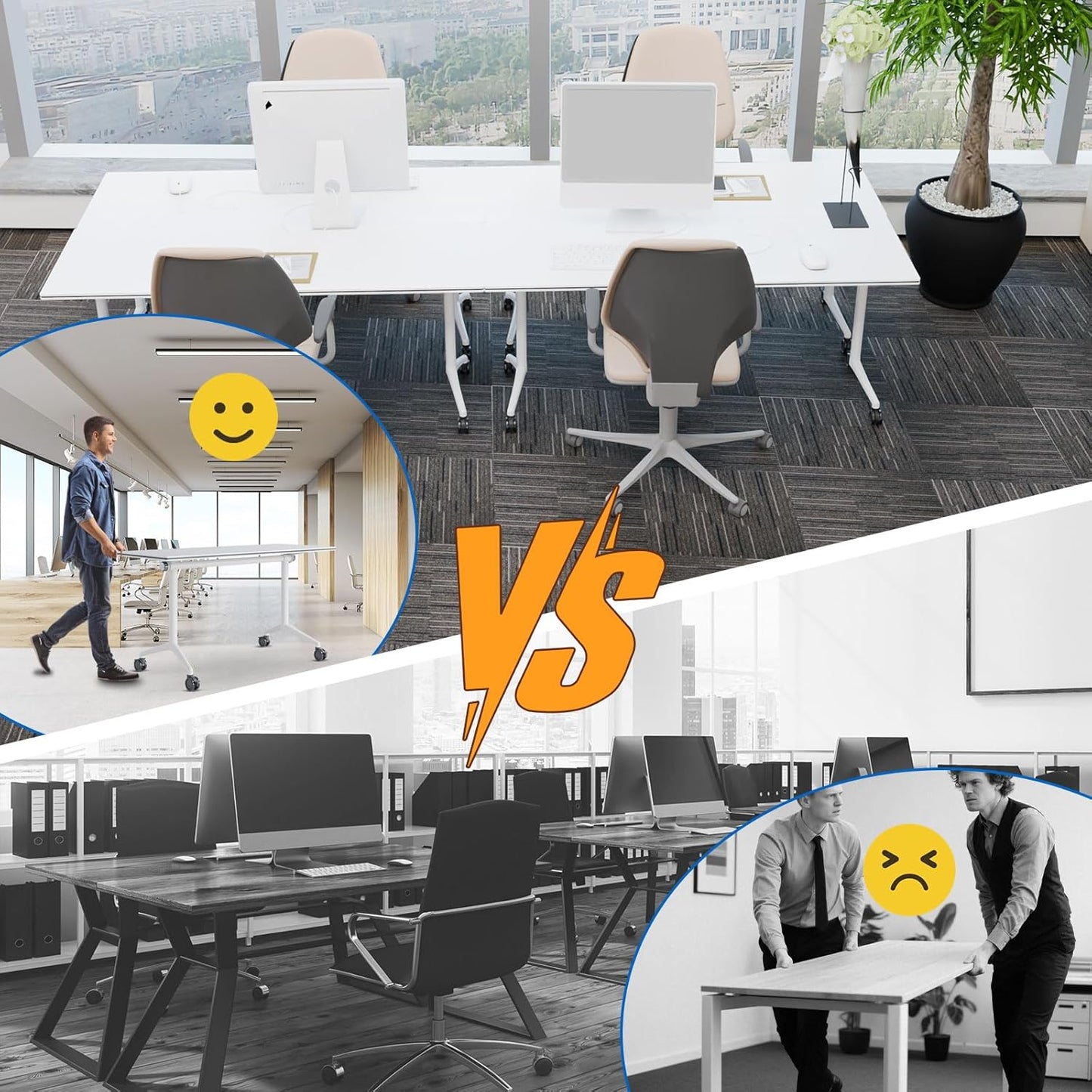 Conference Table, Folding Conference Desk Modern White, Seminar Table with Wheels, 2-10 People for Office, Meeting Break Room (6, 1915, 71IN)