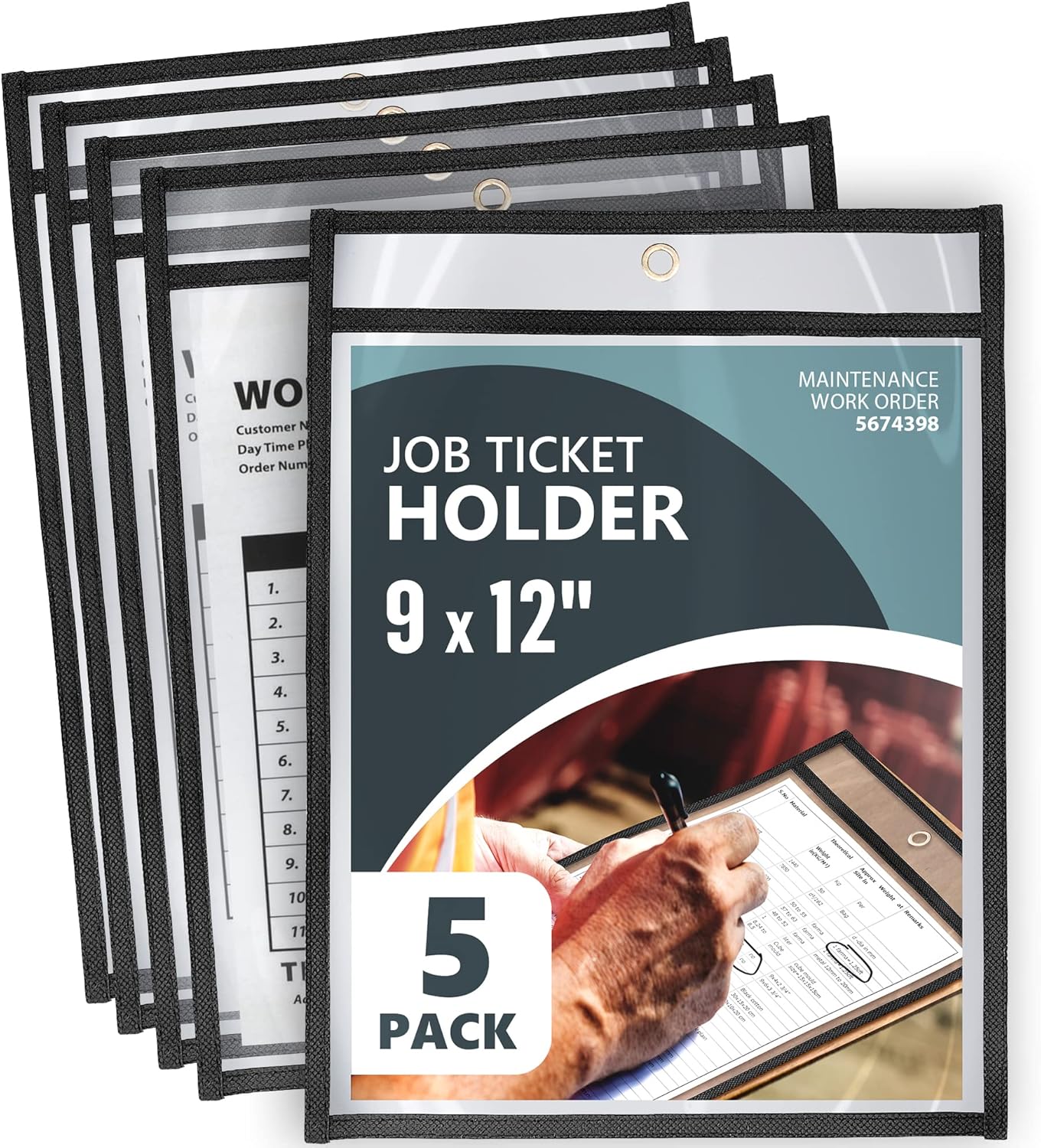 5 Pack Job Ticket Holders 9x12 - Work Order Plastic Sleeves for Documents - Shop Ticket Holders - Heavy Duty Plastic Permit Holder Sleeves - Dry Erase Pocket - Dry Erase Sleeve - Clear Pocket Sleeve
