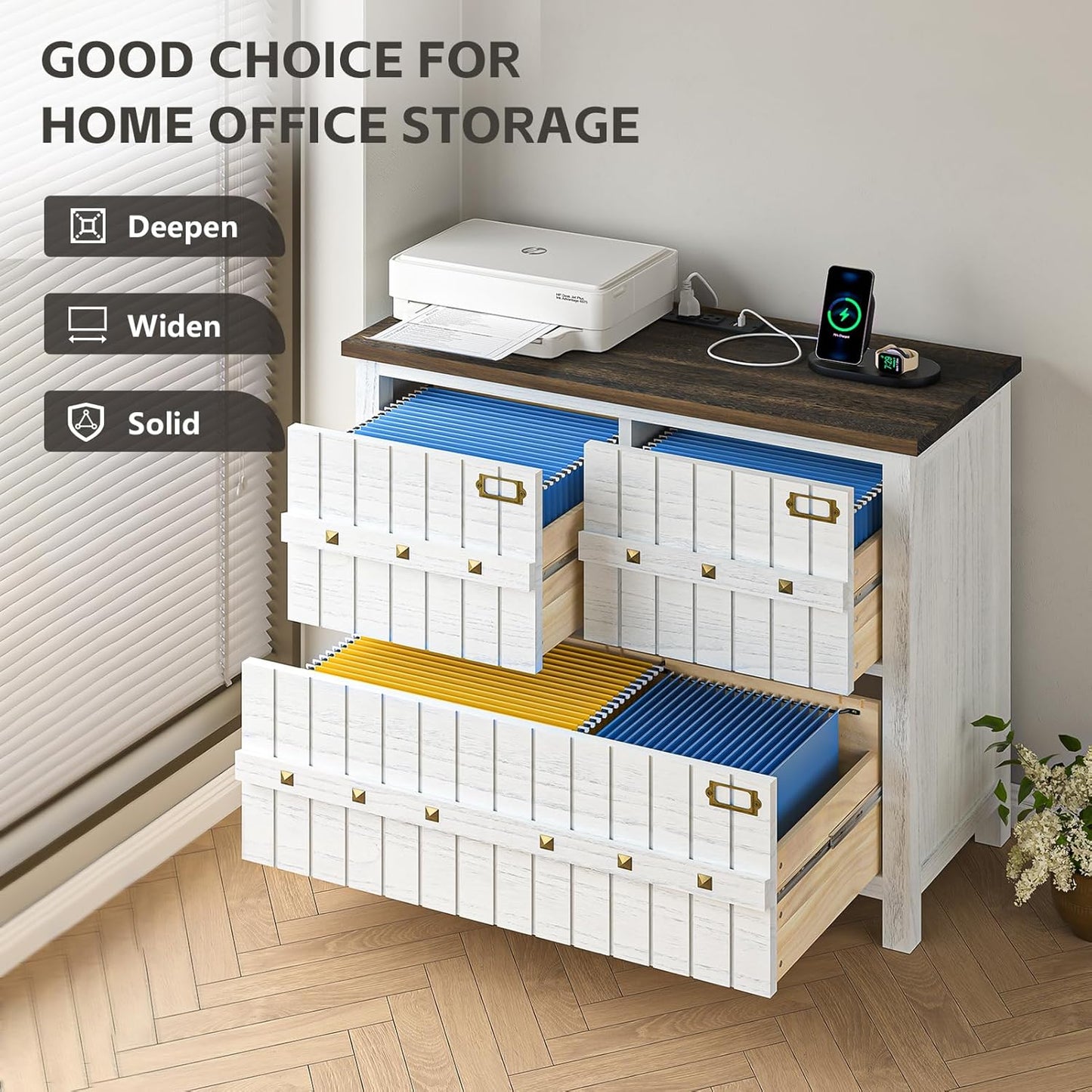 TVU Farmhouse 3 Drawer File Cabinet with Charging Station, Solid Lateral Filing Cabinet for Home Office, Office Organizer for Legal/Letter/A4/Folders File - Beside Desk Printer Stand