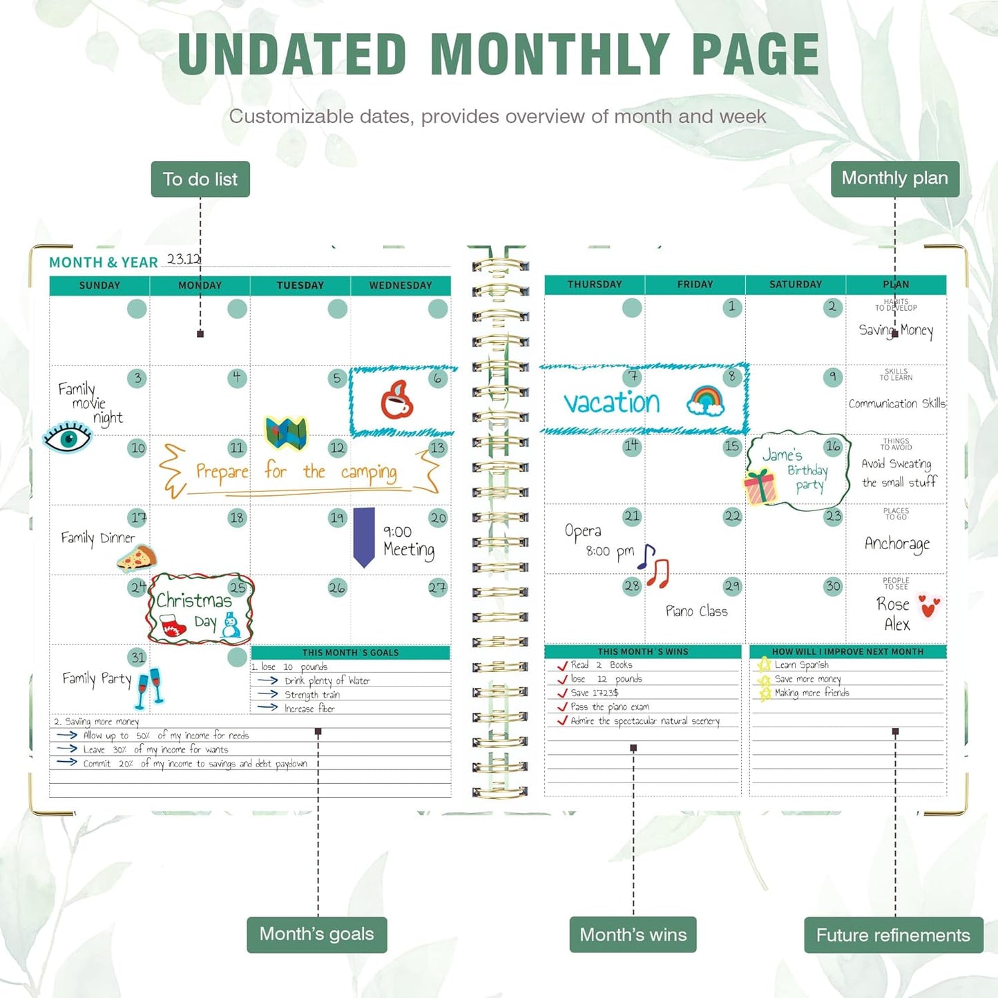 Ospelelf Undated Spiral Bound Planner Daily, Weekly and Monthly Planner 2025-2026, Work Planner 12 Month 8.5 x 11