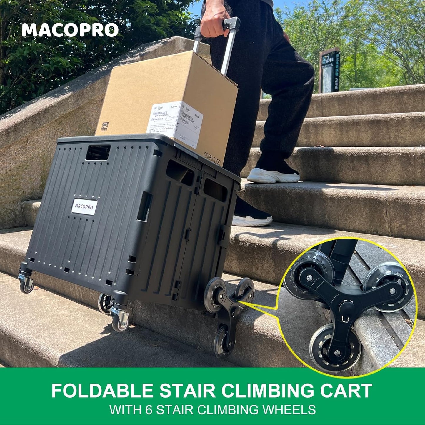 Foldable Utility Cart with Stair Climbing Wheels, Collapsible Rolling Crate with Telescoping Handle, Folding Shopping Trolley Handcart Grocery Book File Tool Teacher Storage Basket (Black)