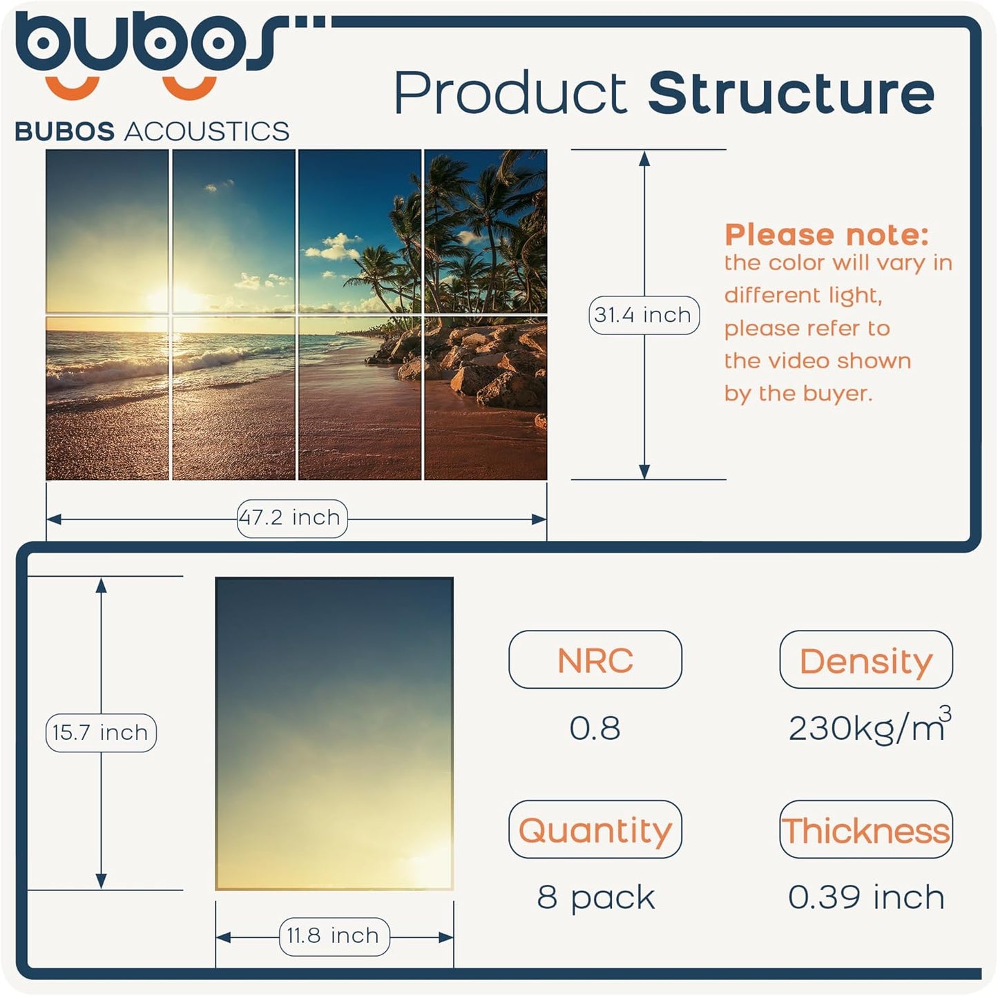 BUBOS 8 Pack Art Acoustic Panels Soundproof Wall Panel,47.2X31.4 Inches Sound Absorbing Panel,Self-adhesive Decorative Acoustical Wall Panels, Acoustic Treatment for Ceiling Home Office（Beach02）