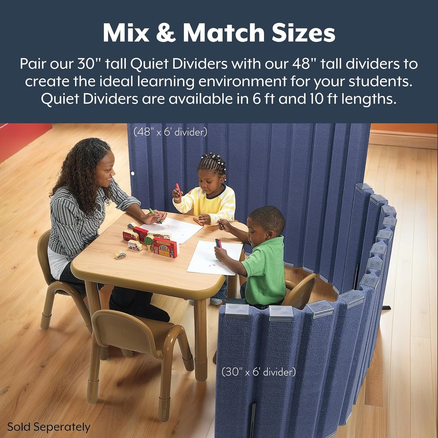 Children’s Factory 30" x 6' Quiet Divider With Sound Dampening Panels, Freestanding Room Divider Wall, Slate Blue