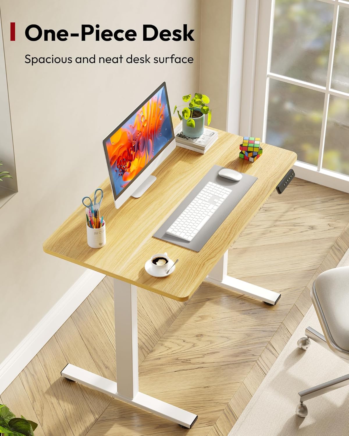 SANODESK Electric Standing Desk 48 x 24 Inches Whole-Piece Desktop Height Adjustable Stand Up Desk w/6-Button Controller Ergonomic Computer Desk for Home Office, White Frame + Natural Tabletop