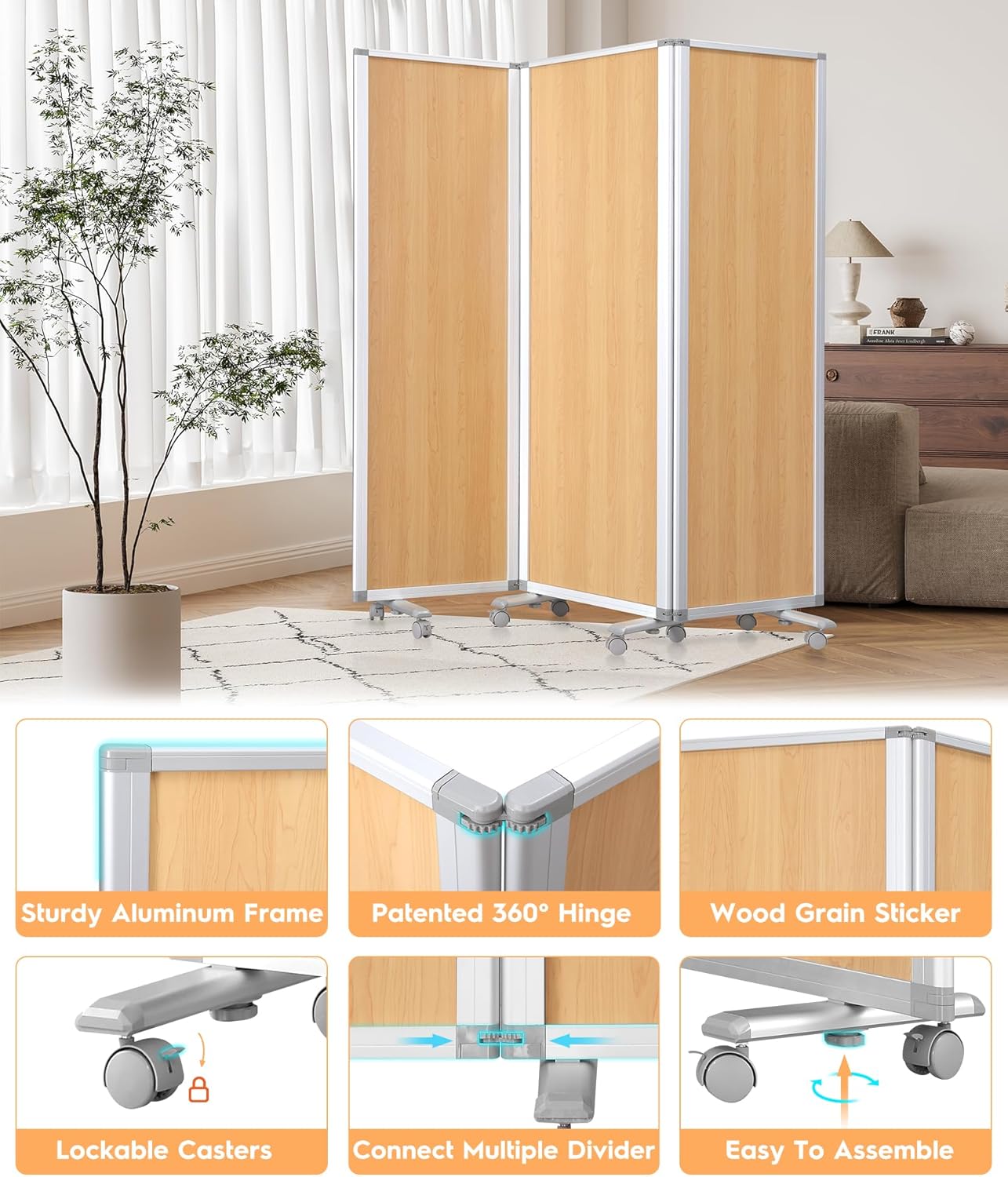 3-Panel Room Partition Mobile Wall Divider Folding Privacy Screen Temporary Room Separator,Natural Wood Grain Print,71" H x 24" W