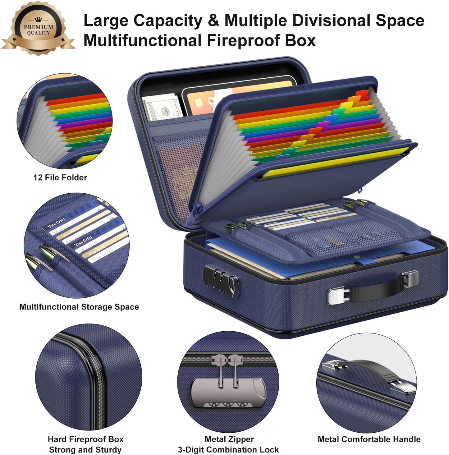 Fireproof File Box, Hard Case Fireproof Document Organizer with Lock Hard-Shell Design Fireproof Water Resistant Safe Box for Important Documents Certificates Laptop Passports Blue