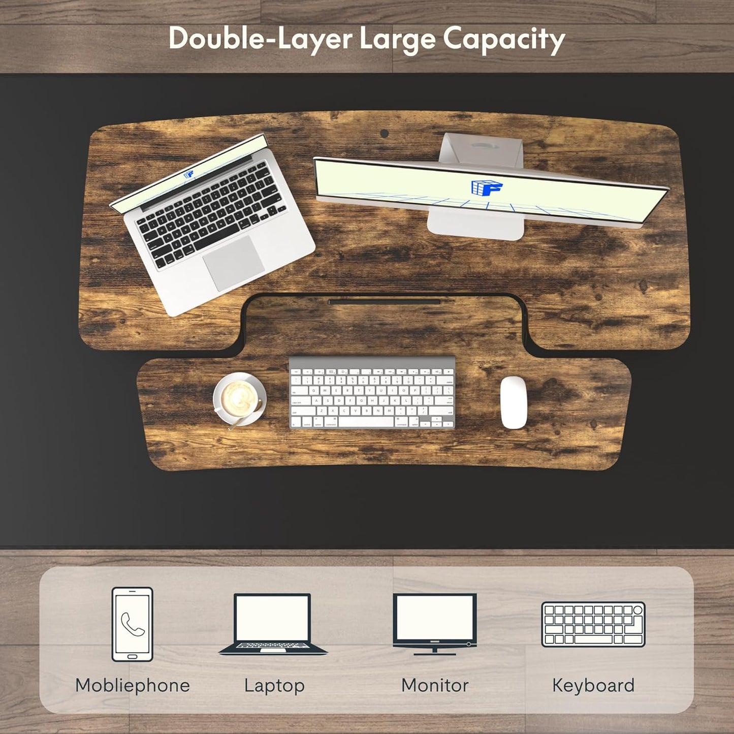 FLXISPOT 40in Standing Desk Converter, Height Adjustable Riser, Manual Lift with Gas Spring Monitor and Laptop Workstation, Rustic Color