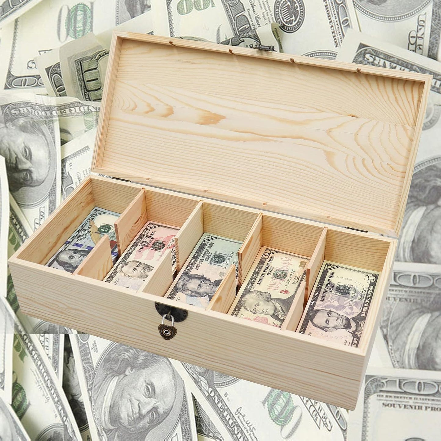 Wooden Lockable Currency Tray, 5 Compartment Cash Organizer, Cash Organizer Money Storage Box with Lockable Cover, Money Organizer for Cash