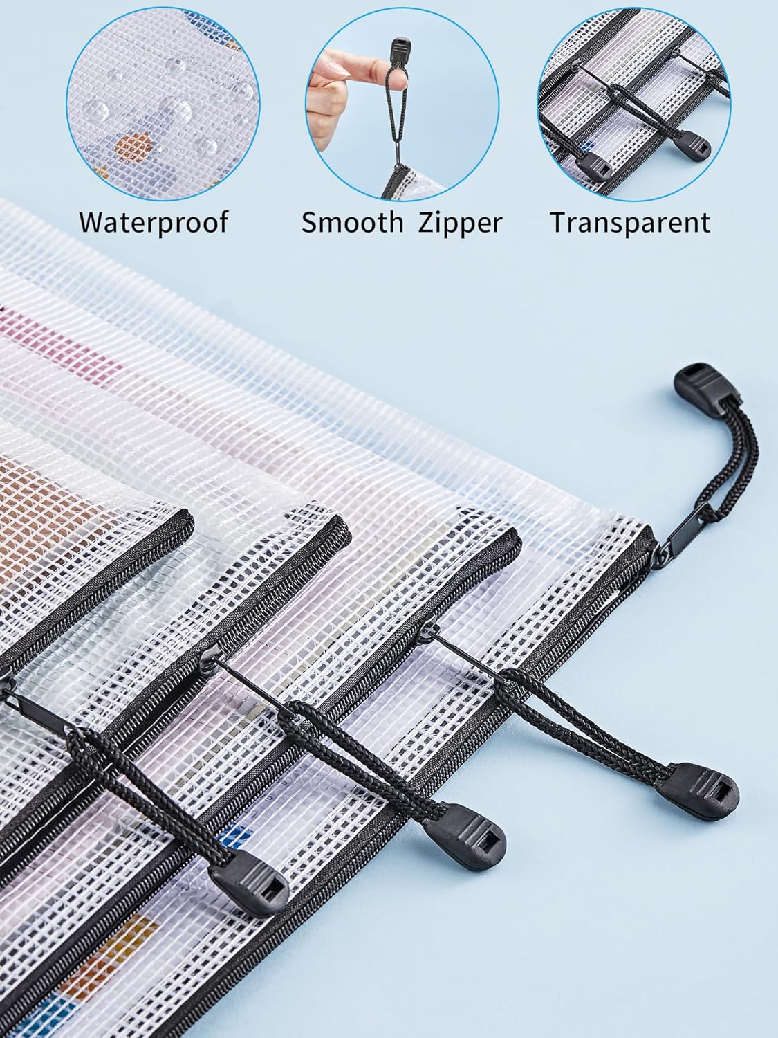 JARLINK 18 Pack 8 Sizes Mesh Pouch, Waterproof Zipper File Bags Document Multipurpose Travel Bags for Office, School, Board Game, Puzzles, Cosmetics, Travel Accessories, and Home Organize, Black