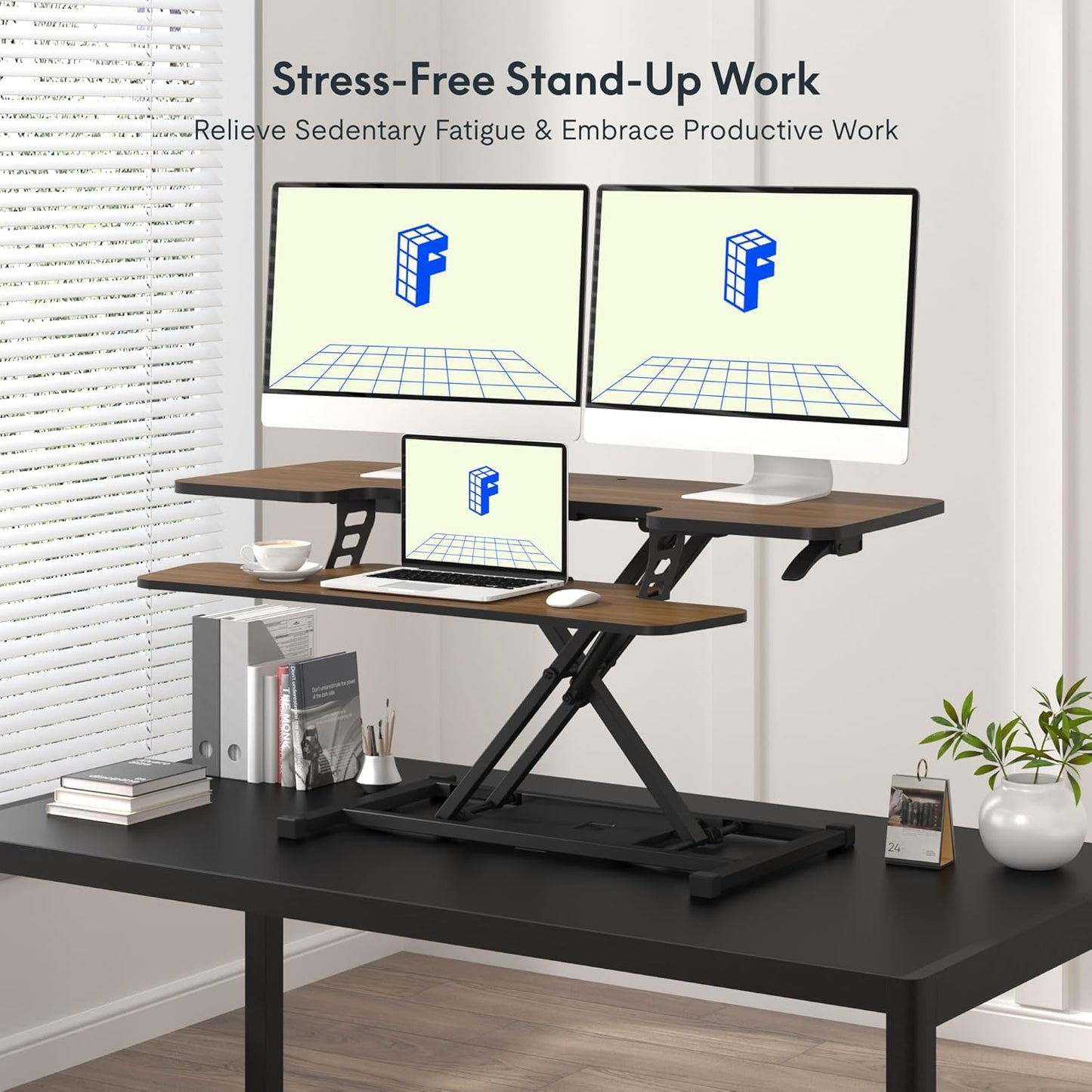 FLXISPOT 42" Standing Desk Converter Sit to Stand up Riser Height Adjustable Monitor and Laptop Workstation with Spacious 2-Tier Desktop, Walnut Color