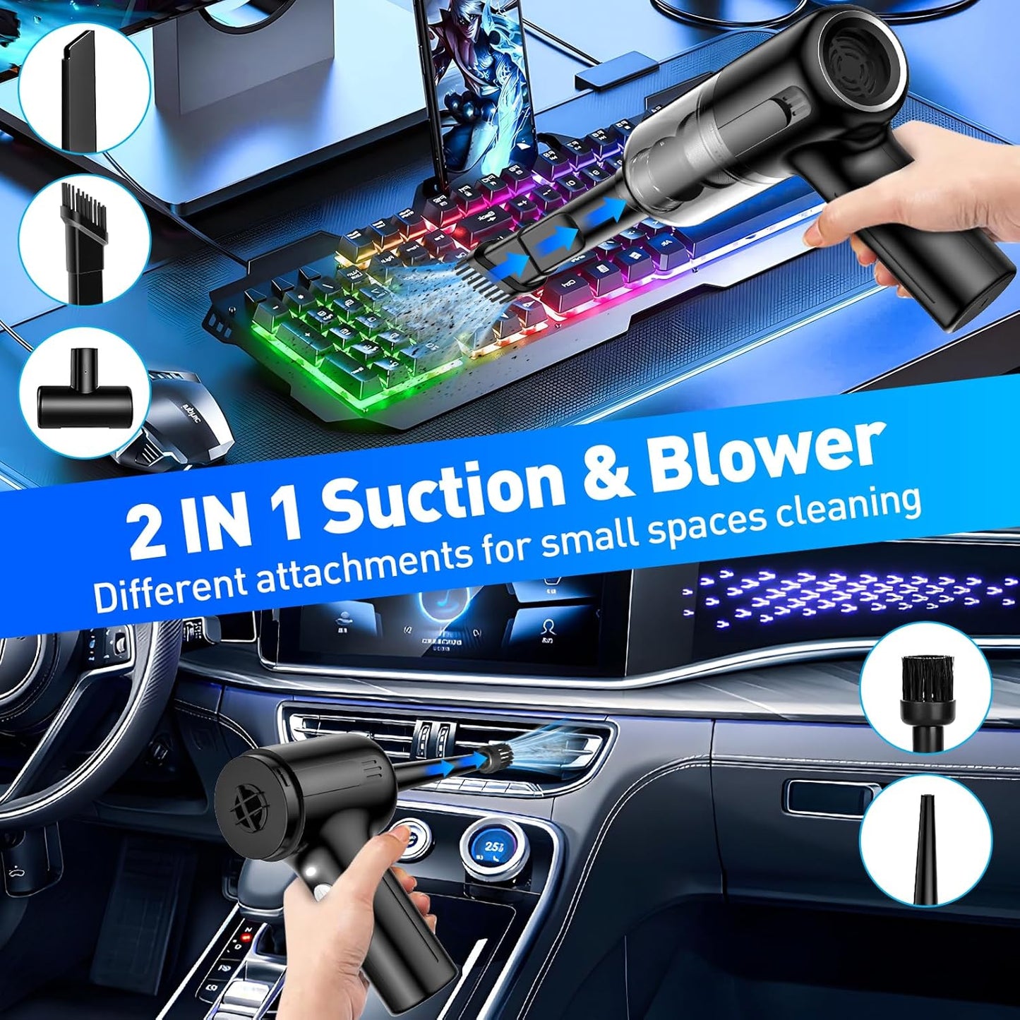 Handheld Car Vacuum Cleaner, 9000Pa Hand Held Vacuum Portable Cordless，2 in 1 Air Duster and Mini Vacuum Cleaner with LED Light, 120W High Power Small Vacuum for Car, Home, Office, Pet（Black）