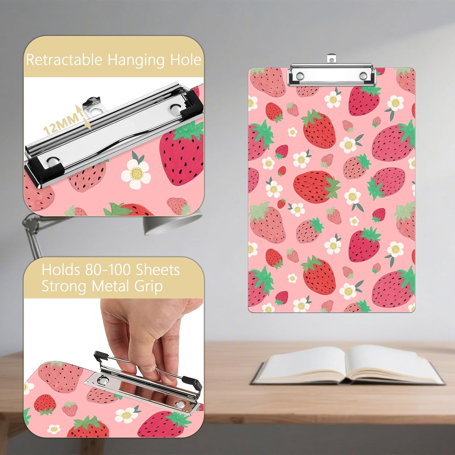 Cute Strawberry Plastic Clipboards,Decorative Plastic Acrylic Clipboard for Teacher Social Worker Students Office Supplies 8 * 12