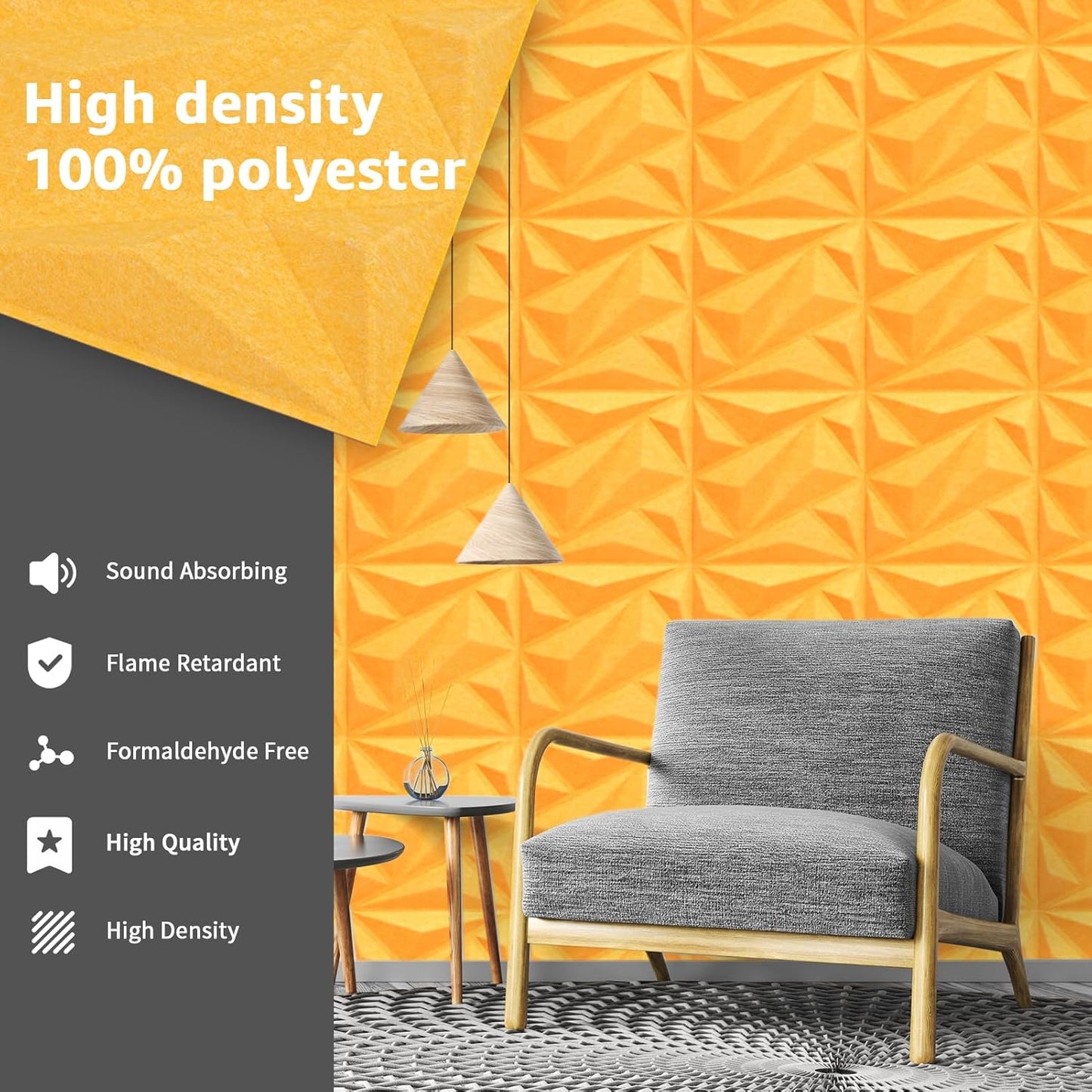 Art3dwallpanels Acoustic Panels 20 Pack Soundproof Wall Panels Sound Dampening Panels, 3D Wall Panels Sound Absorbing Panels, 12" X 12", Yellow without Tape