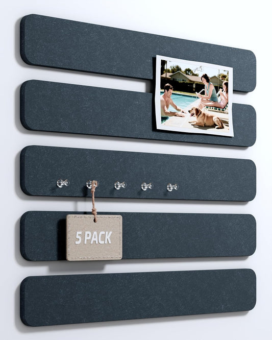 Cork Board Alternative Felt Strip Board 5-Pack 13"x2", Office Pin Board with 35 Push Pins, Adhesive Install for Bedroom Door & Home Office(Deep Charcoal Blue)