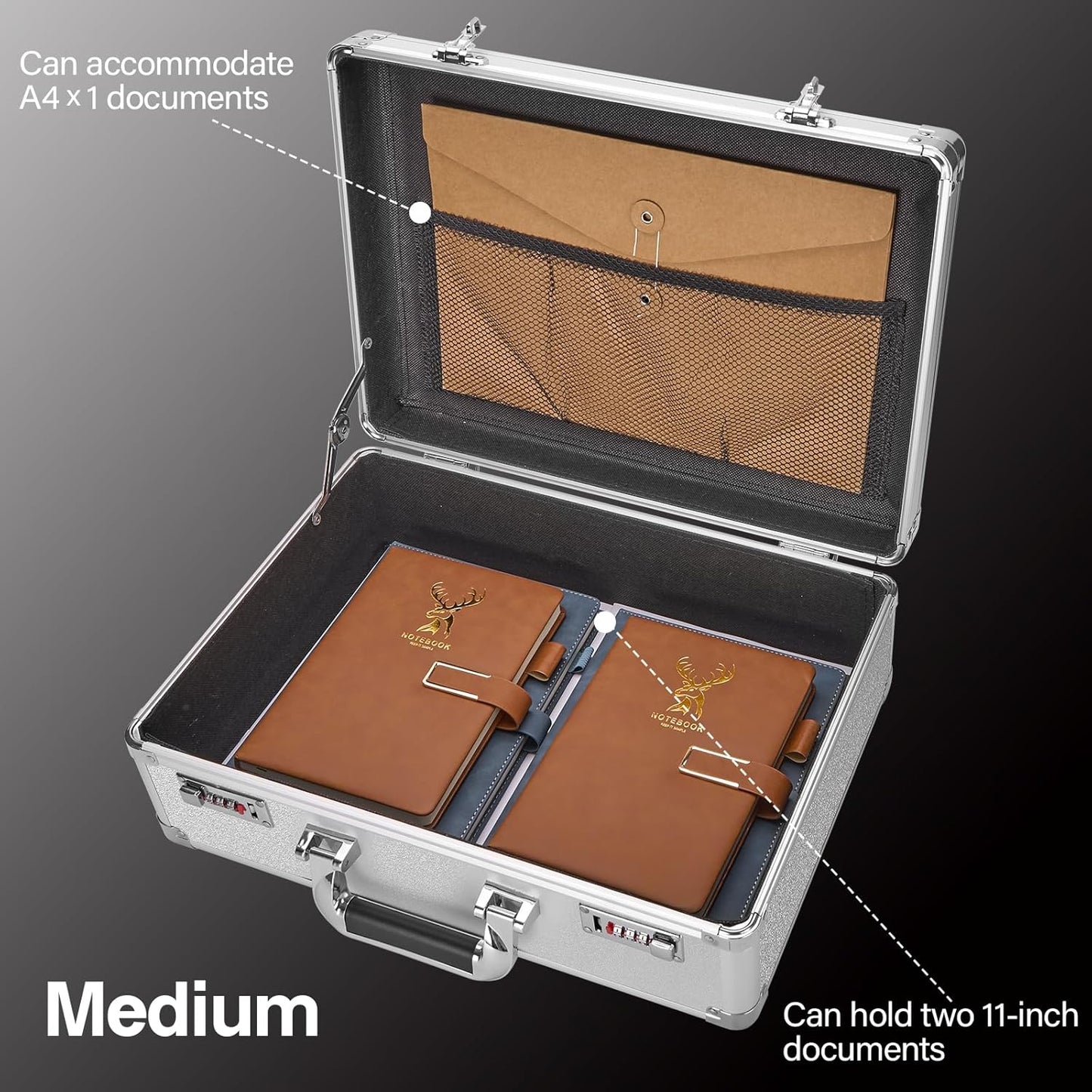 File Organizer Storage Box - 16.9 x 12.2 x 6.1 Inch Large, Portable Locking Storage Totes with Dual Combination Locks, Lock Boxes for Personal Items, Cash, Briefcase - Silver