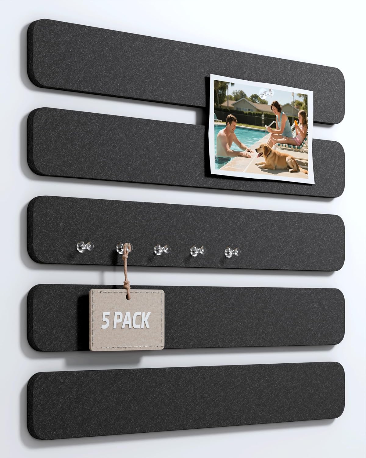 Cork Board Alternative Felt Strip Board 5-Pack 13"x2", Office Pin Board with 35 Push Pins, Adhesive Install for Bedroom Door & Home Office(Black)