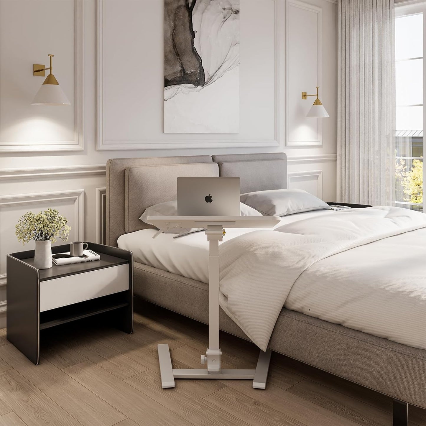 Mobile Folding Desk 25 Inch - No Assembly Sit-Stand Desk,Height Adjustable Rolling Laptop Desk, Space-Saving Portable Desk with Wheels for Home Office Craft & Study, White