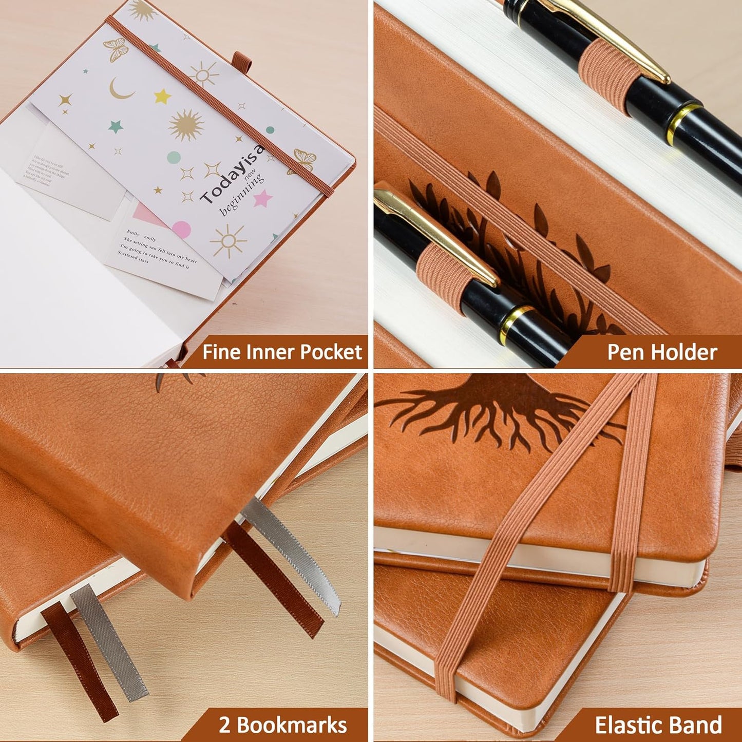 ZXHQ A5 Bullet Dotted Journal Notebook-150gsm Thick Paper, 256 Pages, Dot Grid Hardcover, Tree of Life Design, Fine Inner Pocket - 5.9" × 8.5" Brown