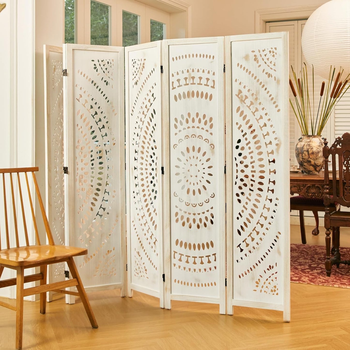 66.9Inch Folding Room Divider, 6 Panels Wood Carved Privacy Screens, Free Assembled Freestanding Partition for Home Office Restaurant Bedroom (White-Washed)