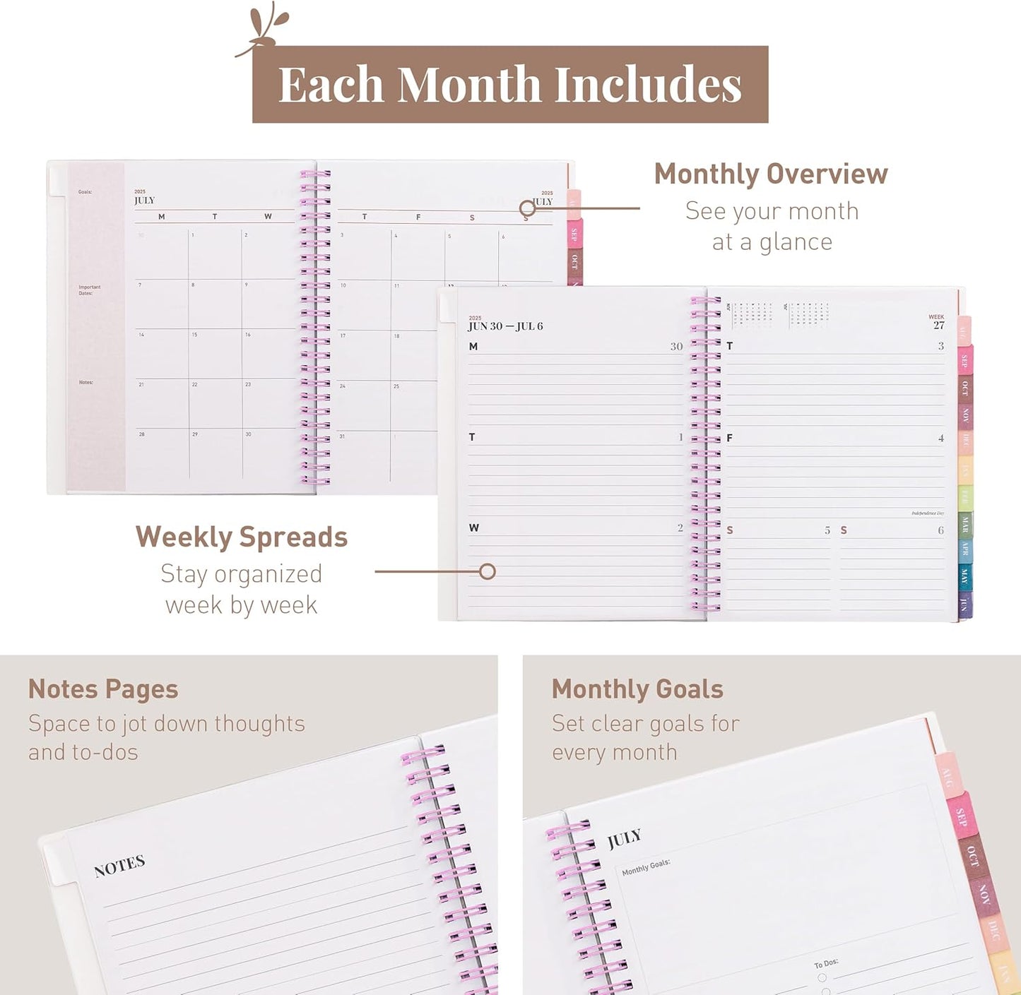 Rileys Academic Planner 2025-2026, Daily, Weekly & Monthly Planner, July 2025 - June 2026, Student Notes Pages, Twin-Wire Binding, Weekly Agenda for School & Work (8 x 6-Inches, Pink)